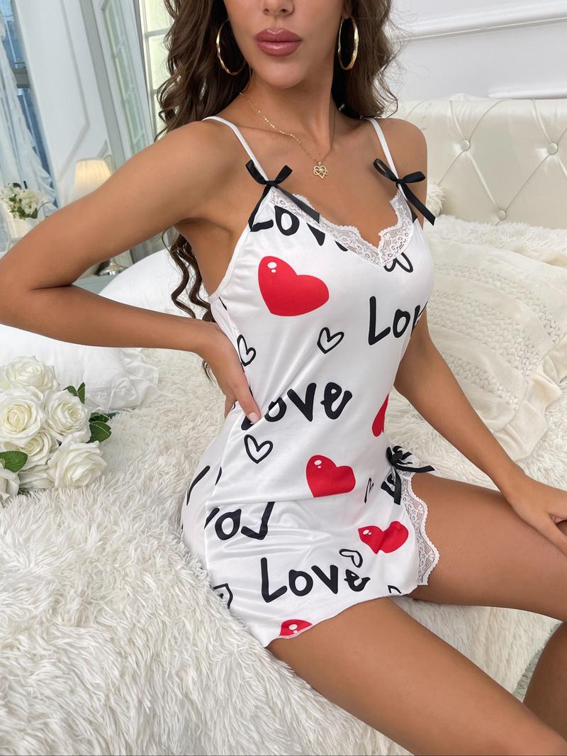 Women's Leopard Print Bow Decor Contrast Lace Cami Nightdress, Elegant Adjustable Spaghetti Strap Backless Split Hem Nightgown, Soft Comfortable Sleepwear for Women