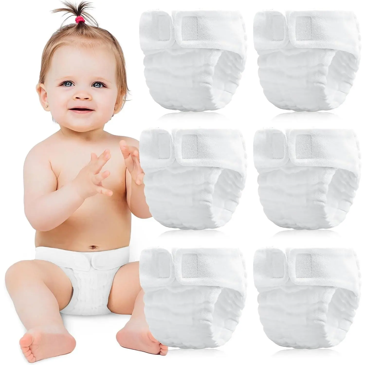 6 Pack Wearable Cotton Cloth Diaper Pants for Baby Girls and Boys, Adjustable 13 Layers Cotton Baby Diaper