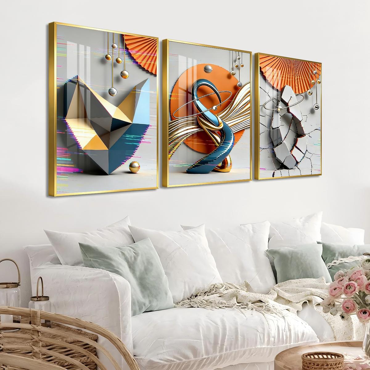 3 Counts Aluminum Alloy Framed Painting, Modern Geometric Abstract Art Pictures, Home Decoration For Living Room, Bedroom, Office, Restaurant, Hallway Wall Decor, Odorless Print Artwork, Luxury Perfect Gift For Friends And Family