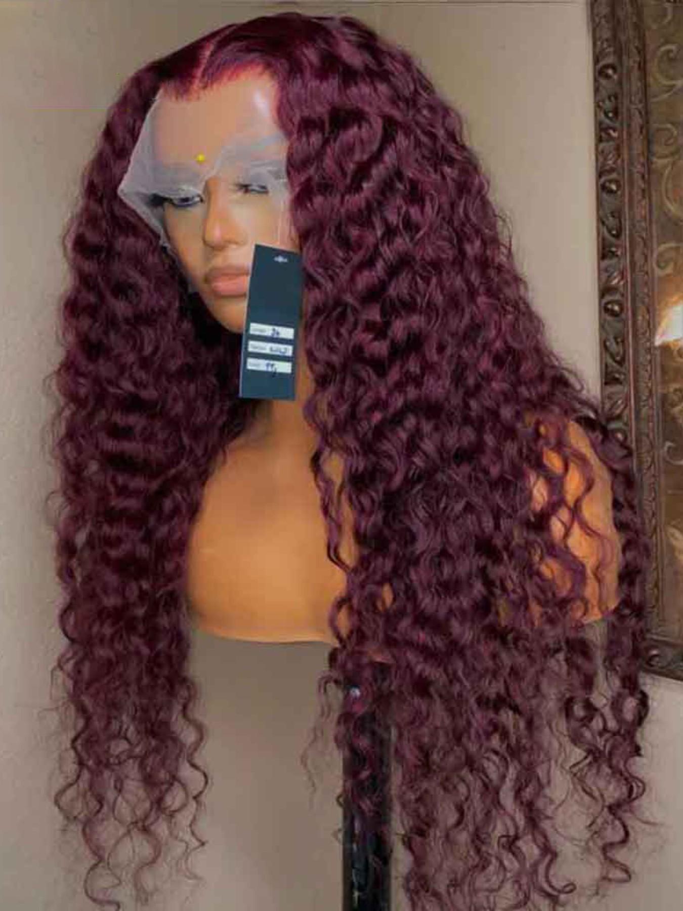 Burgundy Soft Long 26 Inch 180 Density Kinky Curly 99j Wine Red Front Lace Wig, Glueless Heat Resistant Synthetic Hair, Daily Wear Pre-plucked, Curly Afro Wigs
