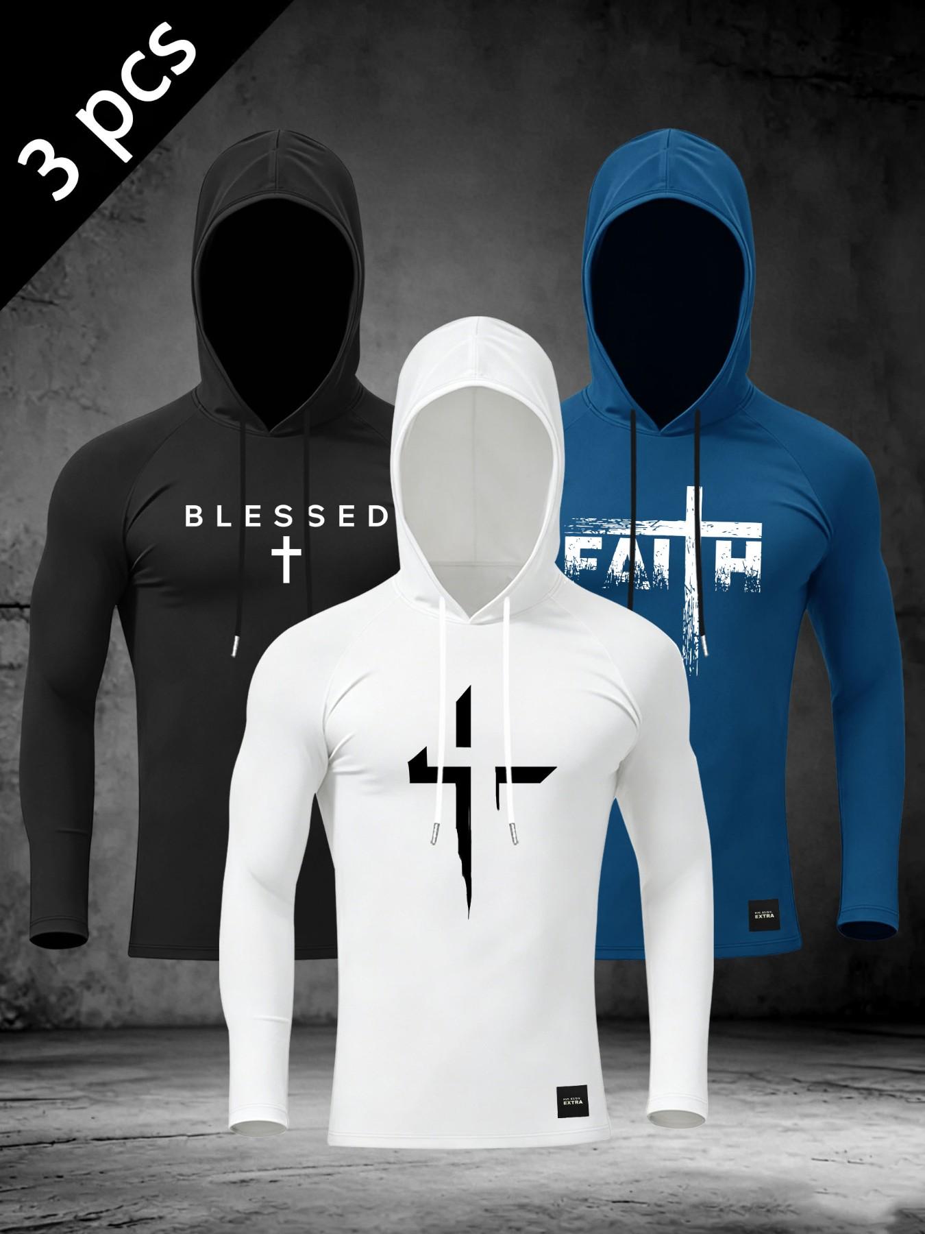Men's Christian Faith Hooded Long Sleeve, Compression Fit Cross Print Athletic Shirt, Gym Workout Streetwear Top #ChristianAthletic #CompressionShirt #FaithInspiredGym #WorkoutHoodie #TikTokMadeMeBuyIt