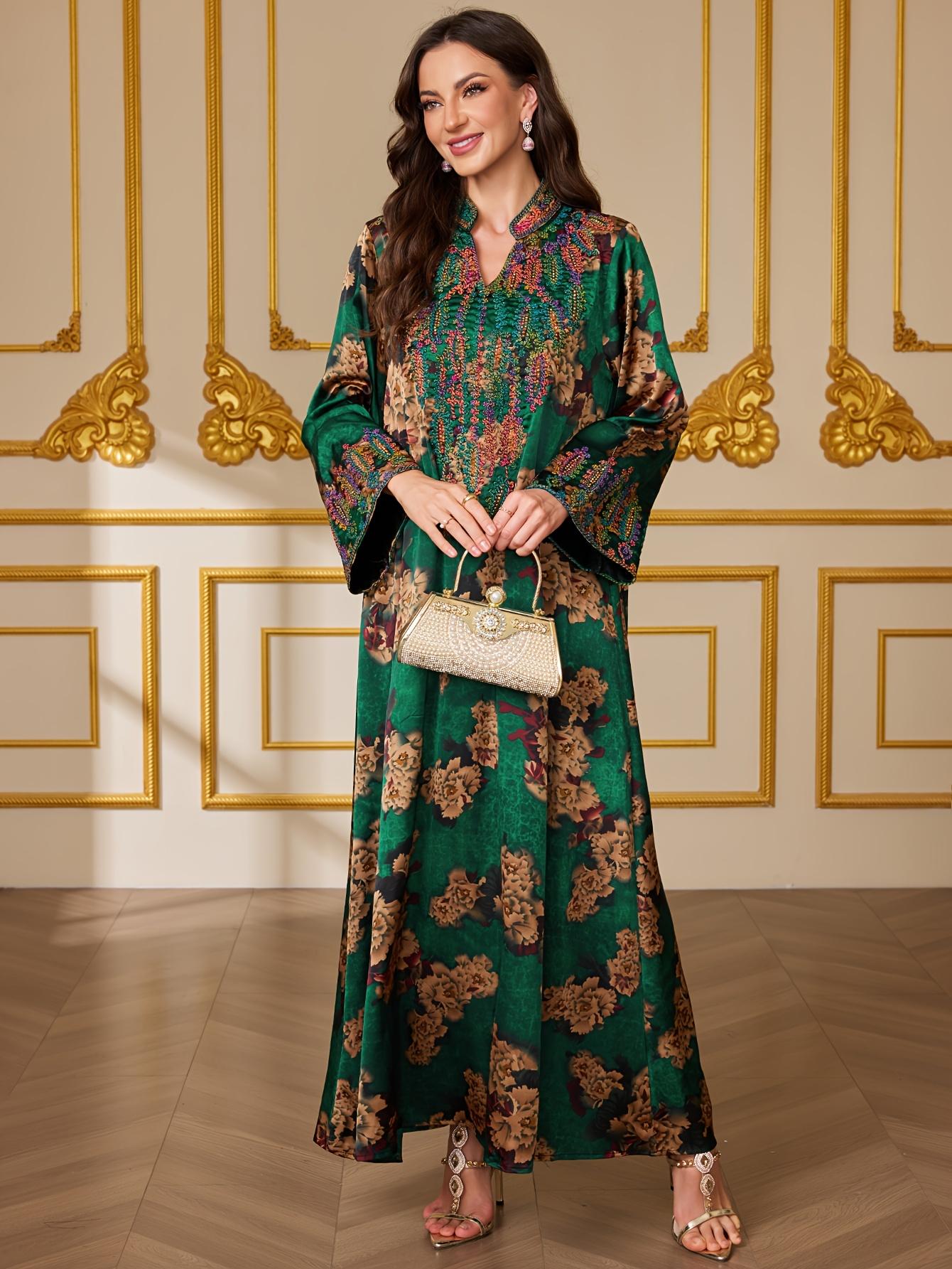 Middle Eastern Muslim Fashion Abaya, V-Neck Embroidered Ethnic Long Sleeve Islamic Embroidery Abaya Dress, Modest Style, All Seasons Fitted Glossy Fabric, 103375 Model