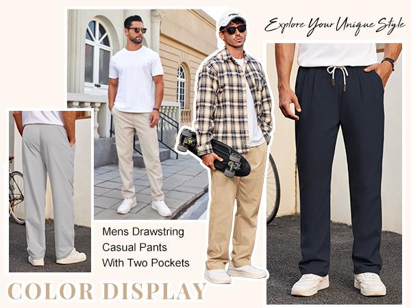 COOFANDY Men's Casual Chino Pants Relaxed Fit Drawstring Elastic Waist Lightweight Pant Twill Pleated Trousers
