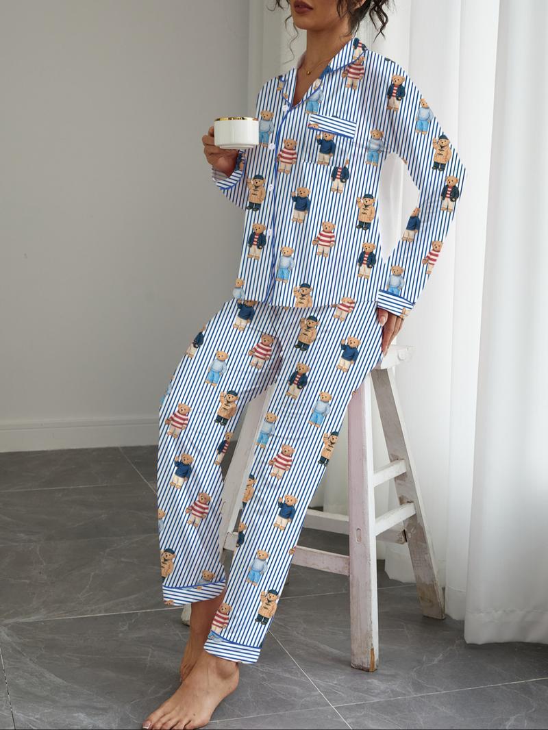 Women's Fall & Winter Pajama Set, Bear Print Sleepwear, Casual Long Sleeve Shirt and Elastic Pants, Soft and Stretchy Fabric