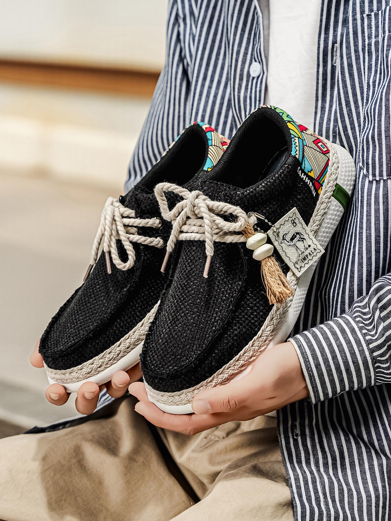 Summer New Men's Linen Shoes, Breathable Non-Stuffy, Colorblock Geometric Pattern, Fringe Decor, Retro Ethnic Style, Comfortable Thick Sole