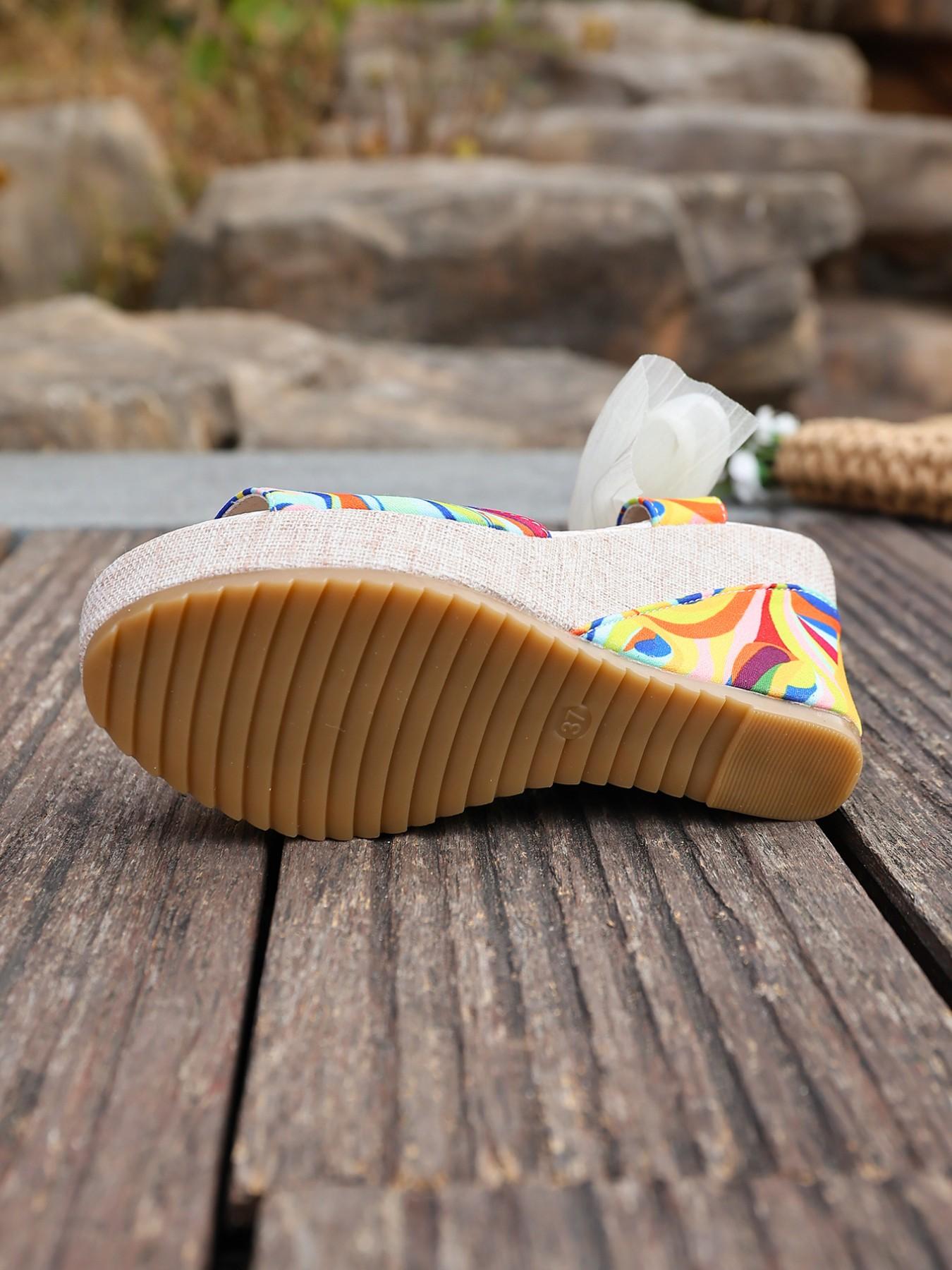 Women's Boho Abstract Colorblock Graffiti Print Shoes, Rhinestone Bow Detail, Chunky Textured Heel, Open Back Design, Versatile & Stylish