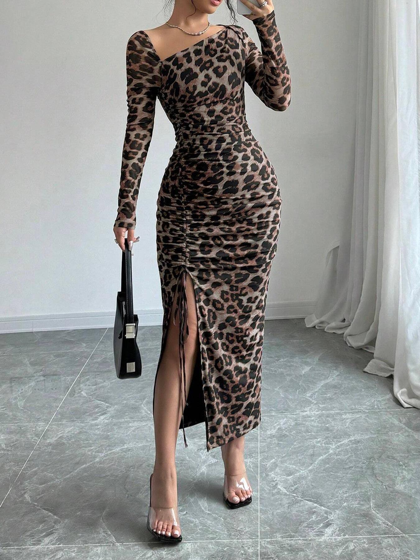 European and American Leopard Print Dress, Sexy Bodycon A-Line Long Sleeve Top, Spring/summer Casual Style, Perfect for Daily Wear