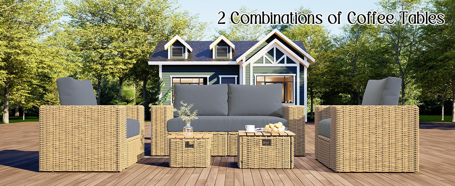 [Spring Sale] VanAcc 5 Piece Outdoor Patio Furniture Sets, All Weather Wicker Conversation Set, Rattan Sofa Chair with Washable Cushions & 2 Coffee Tables for Garden, Poolside, Backyard, Brown+Grey