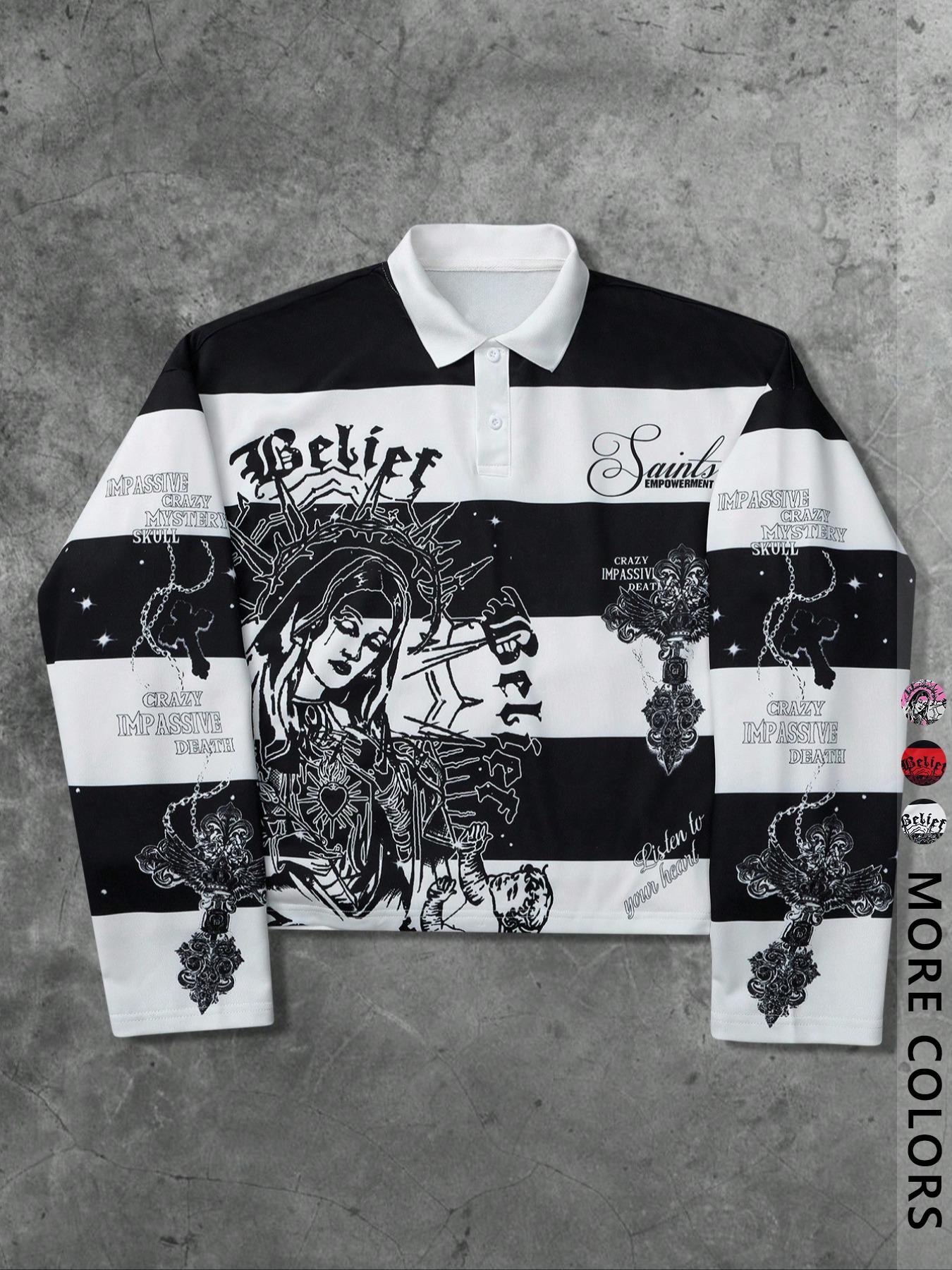 Unisex Y2K Style Virgin Mary & Saints Cross Print Striped Hoodie, Casual Streetwear, Couple, Trendy Pullover, Men's Gift