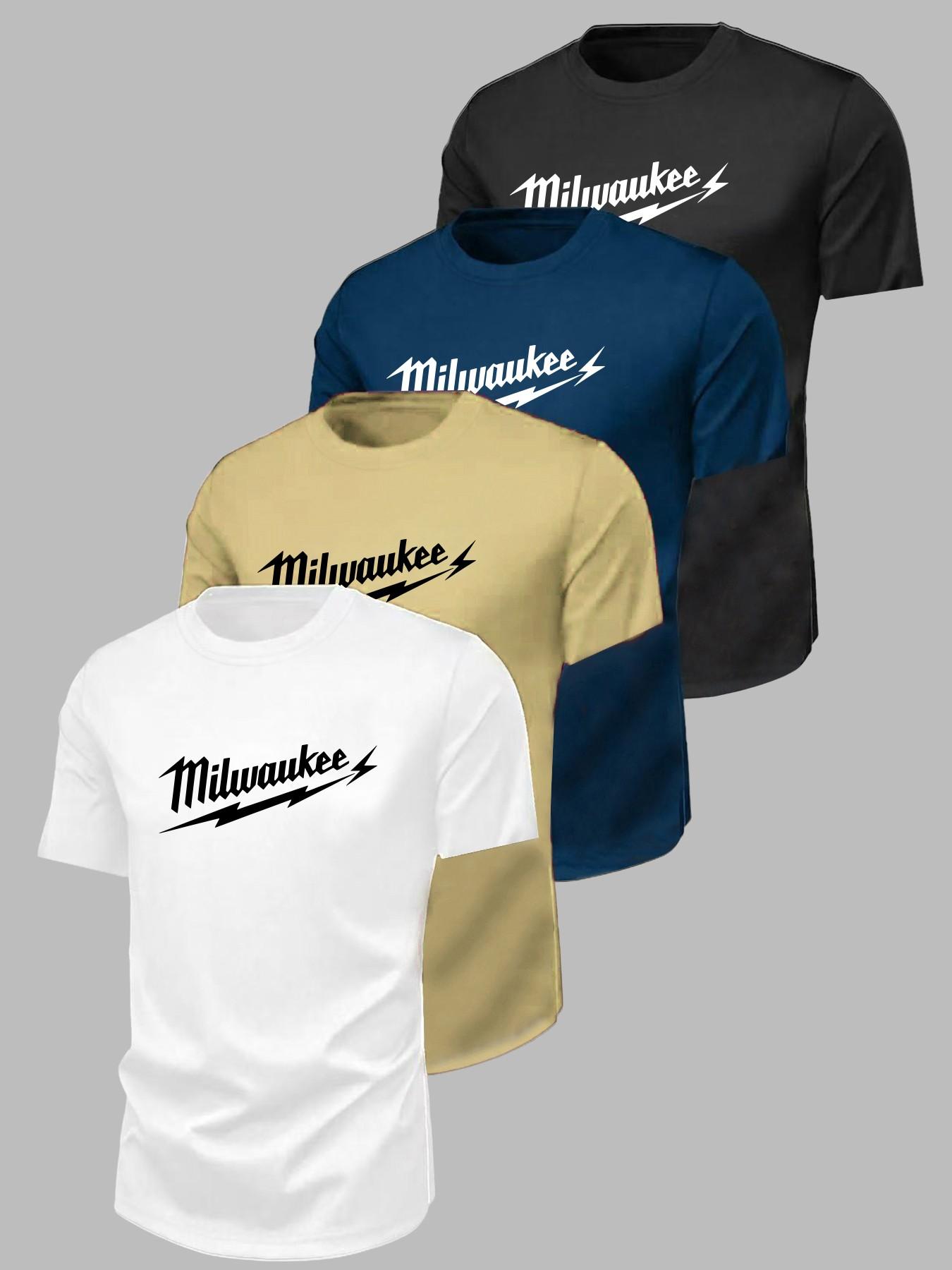 Milwaukee Lightning Print Short Sleeve Crew Neck Top, Casual Classic Pattern Shirt, Comfortable Breathable Fabric for Running Fitness Training