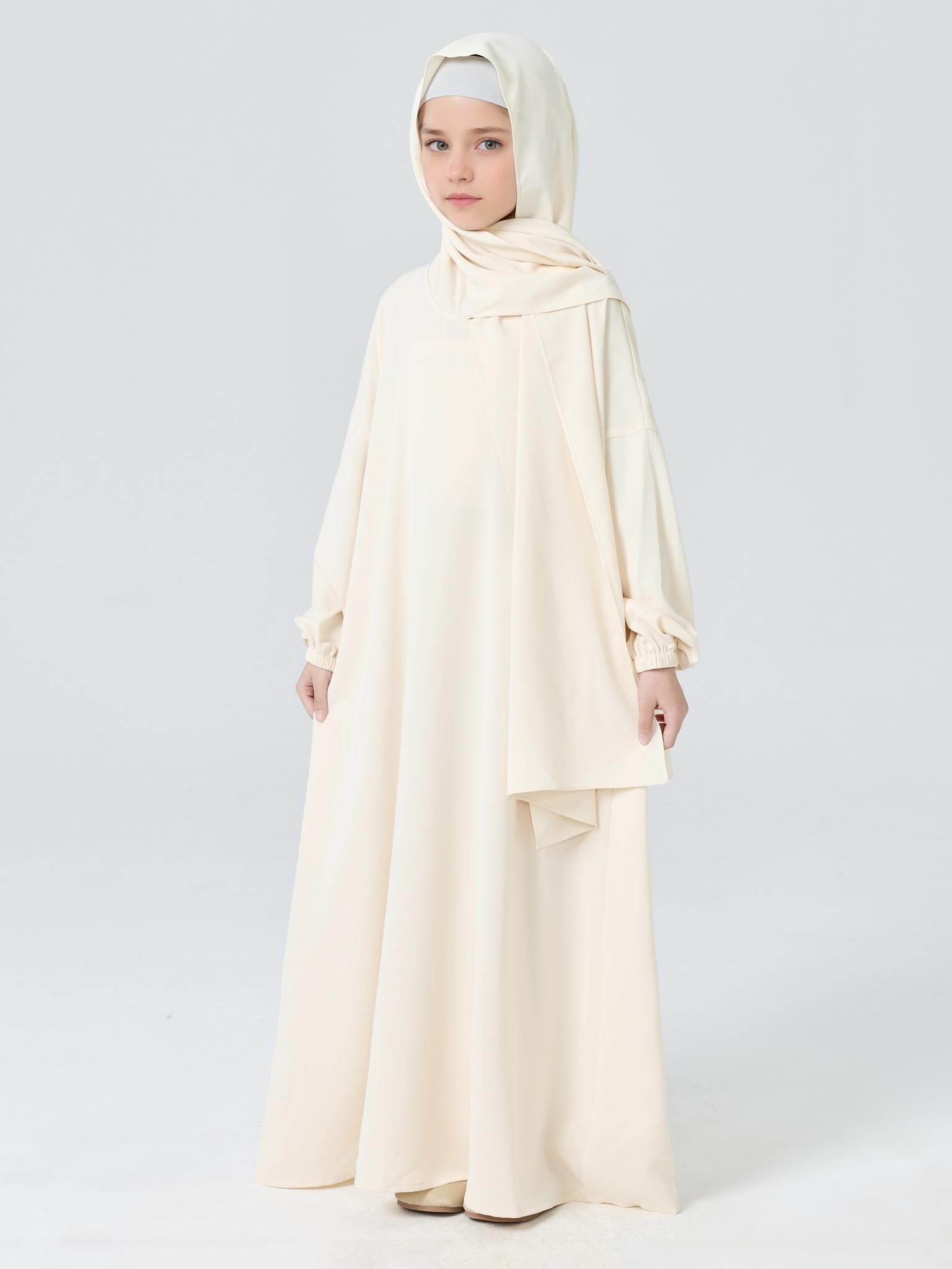 Girls' Plain Loose Fit Abaya Dress with Headscarf, Casual Long Robe for All Seasons, Middle Eastern Muslim Fashion