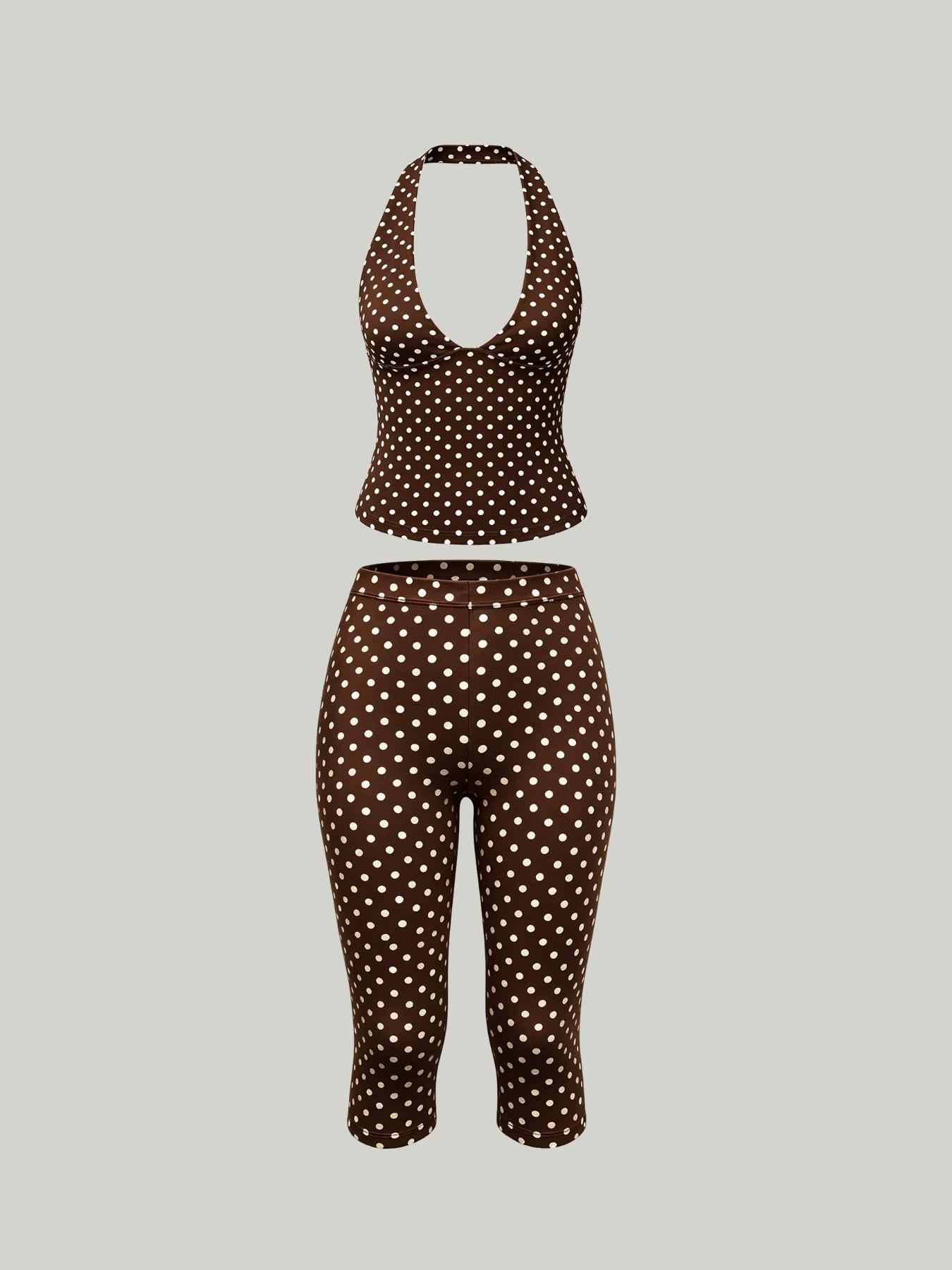 2-Pack Women's Polka Dot Halter Neck Top & Capri Pants Set, Slim Fit Casual Everyday Set Summer Outfits, Trendy Boho Chic Bohemian Streetwear for Daily Wear & Vacation