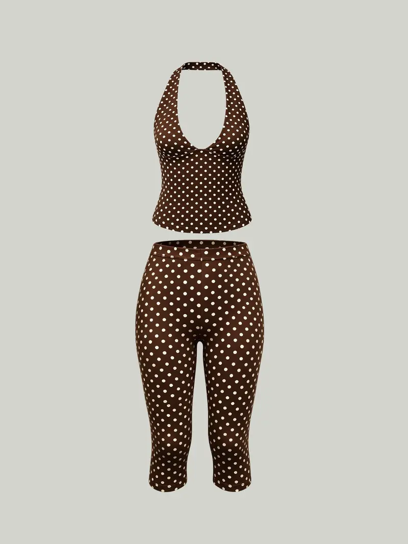 2-Pack Women's Polka Dot Halter Neck Top & Capri Pants Set, Slim Fit Casual Everyday Set Summer Outfits, Trendy Boho Chic Bohemian Streetwear for Daily Wear & Vacation