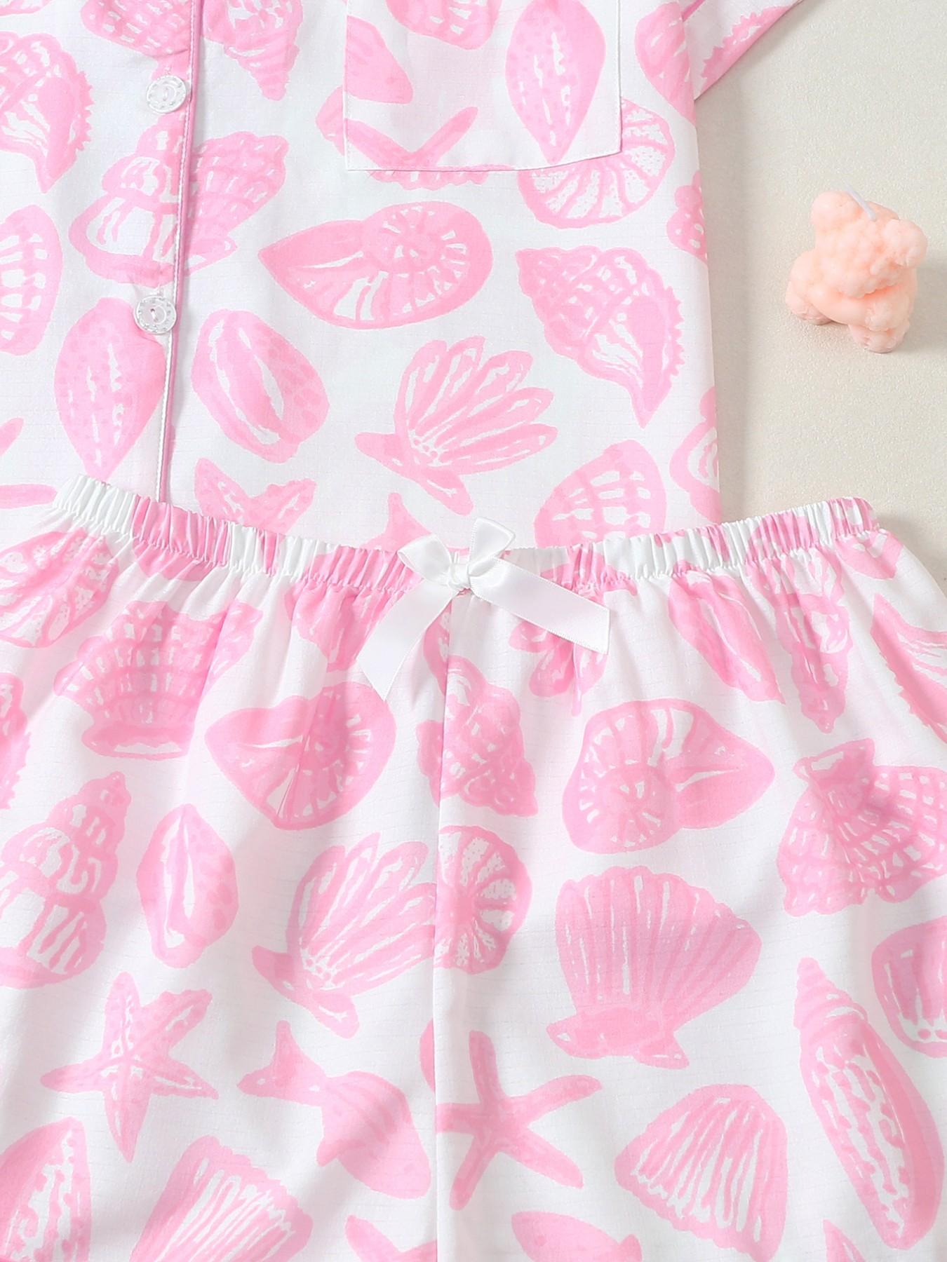 Women's Pajama Set, Shell Starfish Print Loungewear, Short Sleeve Button-Down Shirt & Elastic Waist Shorts, Casual and Comfortable Nightwear for All Seasons, Pyjamas Set