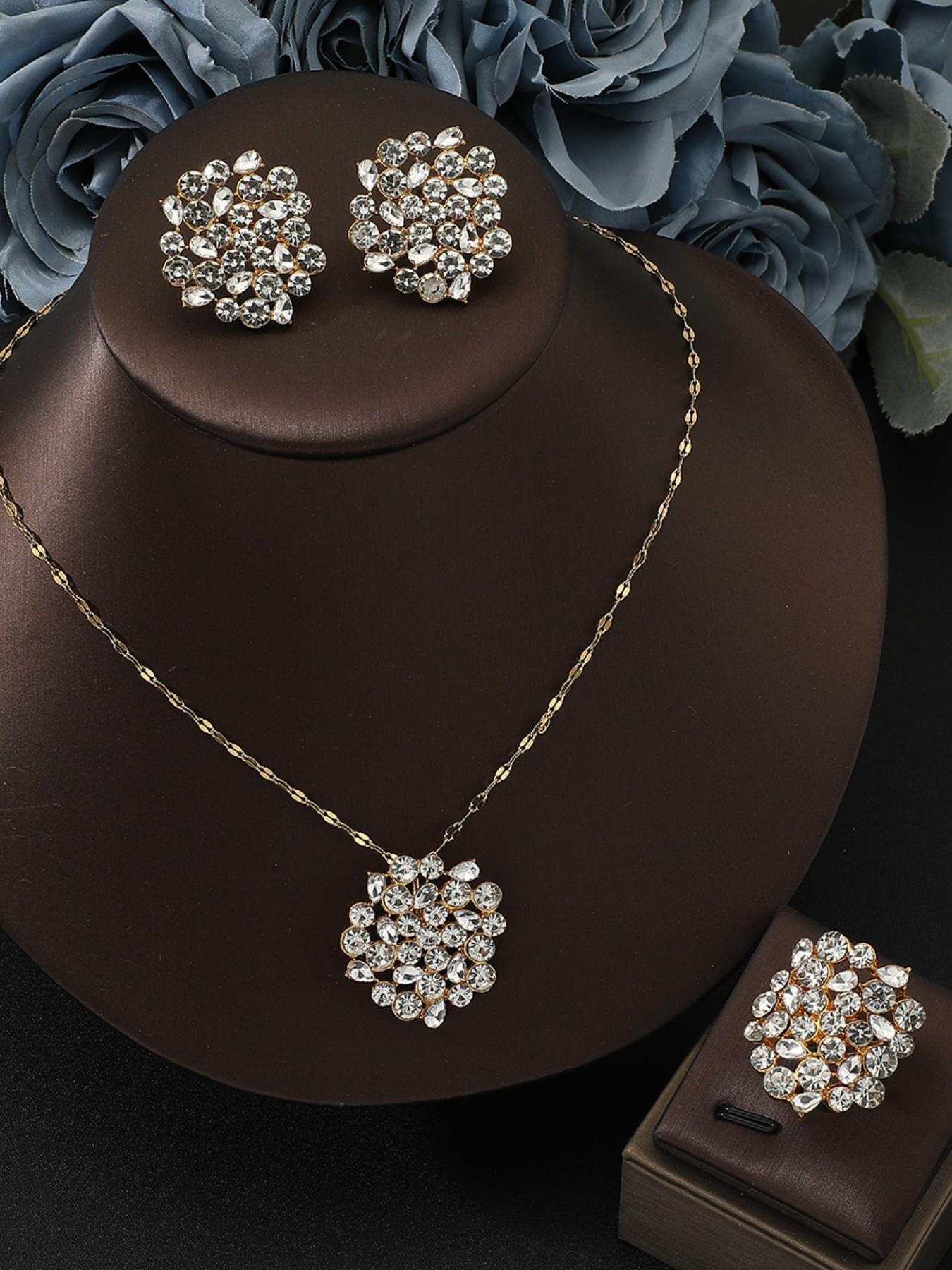 Stainless Steel Jewelry Set for Women, Includes Necklace, Ring, Earrings, Elegant Plain Design, All Seasons Wear, Alloy Chain Material