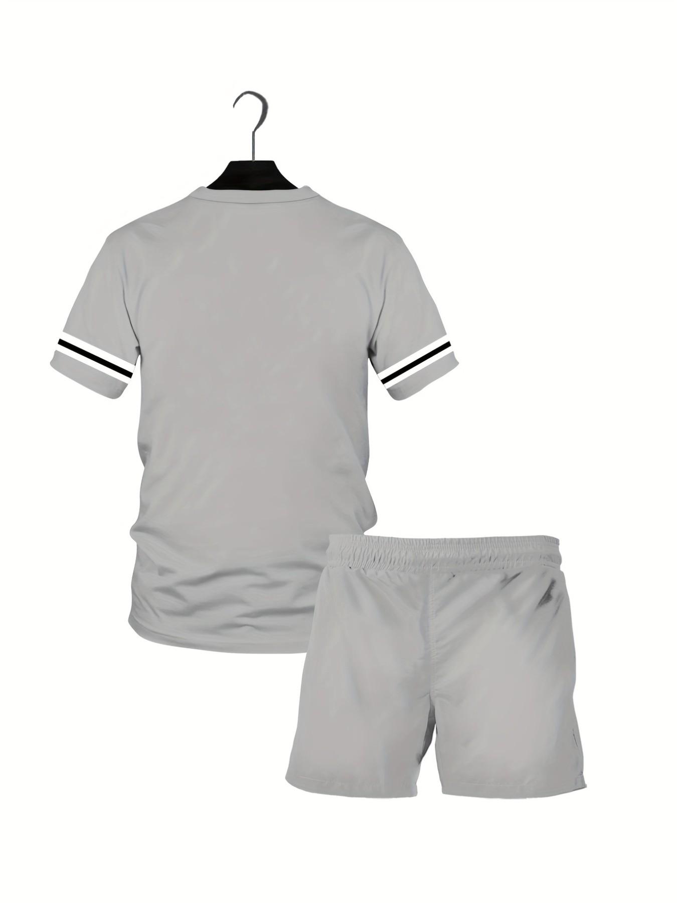 Men's Plus Size Striped Short Sleeve Tee and Shorts Matching Set, Loose Fit Round Neck, Casual Breathable Sports Wear, American Campus Style