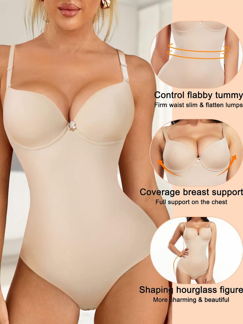 Women's Plain Bow Decor Cami Shapewear Bodysuit, Adjustable Strap Tummy Control Thong Shaper, Ladies Body Shapewear