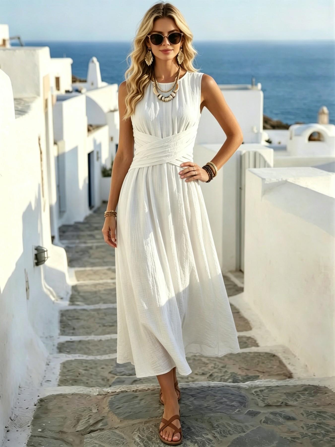 Boho Style Lightweight Sleeveless Midi Dress, Loose Fit Casual Daily Wear, Summer Women's Dress