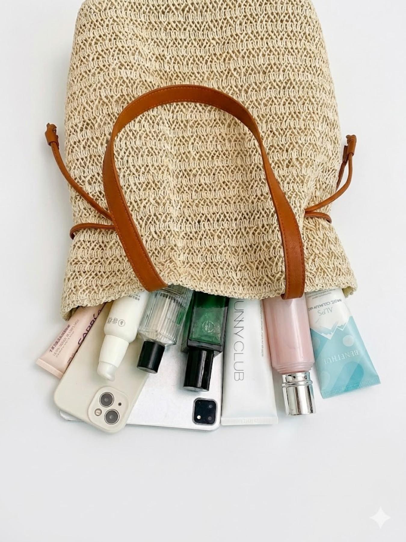 Straw Bucket Bag for Women, Woven Drawstring Shoulder Tote, Summer Beach Handbag, Large Capacity Vacation Boho Purse