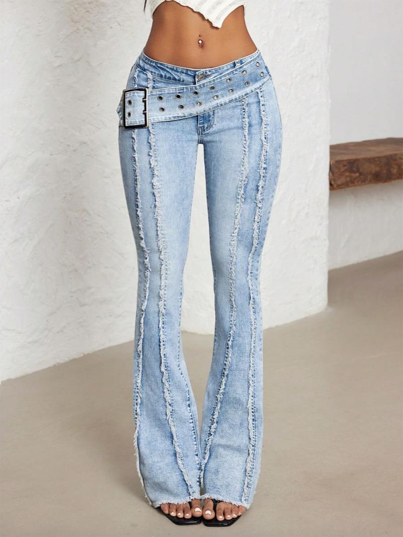 Women's Low Waist Bell-Bottom Jeans With Big Sun Logo Button And Eyelets Big Belt，Bootcut Jeans,Comfortable Stretch Denim Jeans，Patchwork Fringe Washed Vintage Long Pants, Casual Denim Trousers for Everyday Wear