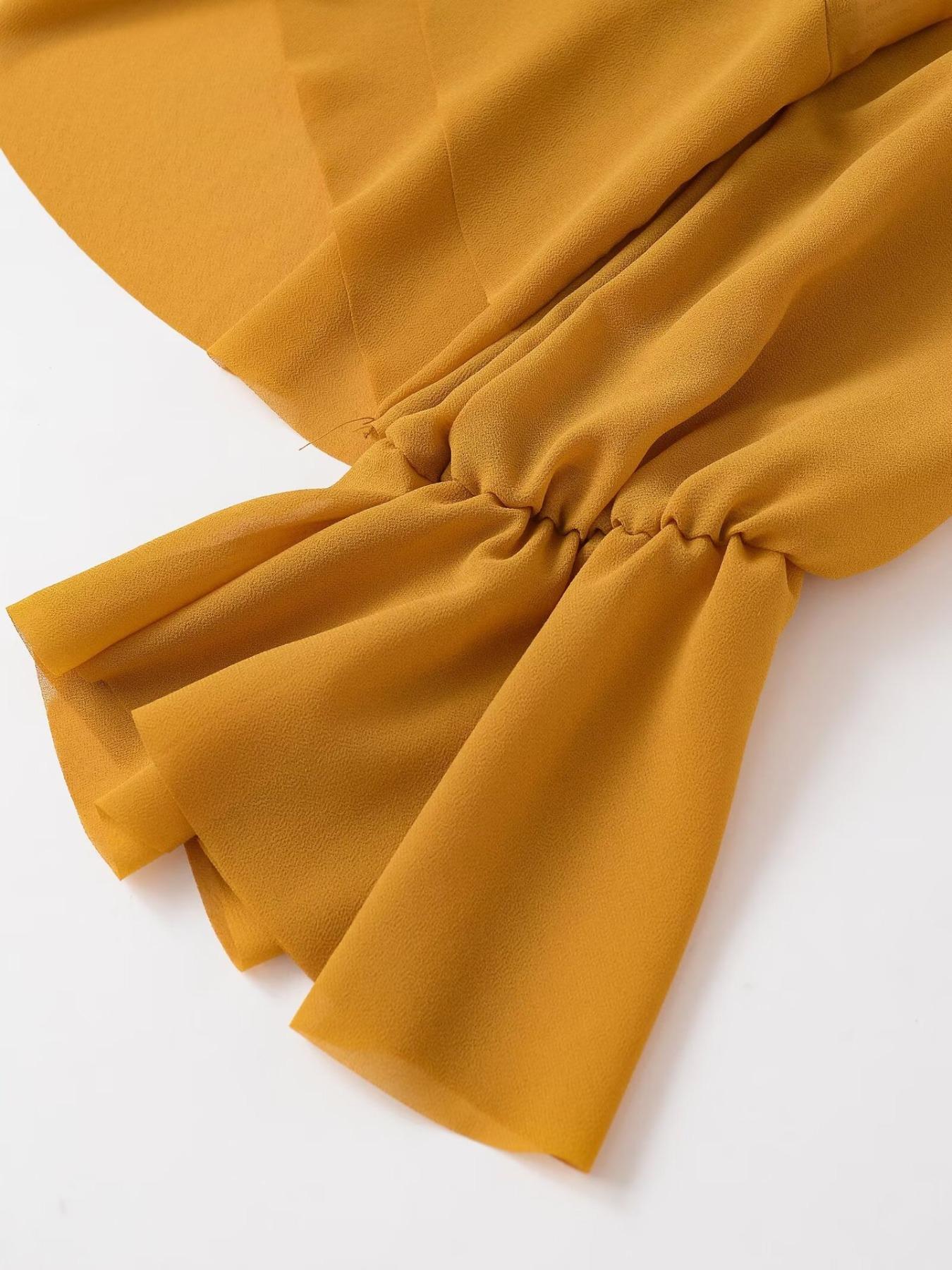 Women's Simple Round Neck Long Sleeve Shirt, Layered Decoration, Adjustable Bow Back, Asymmetric Hem, Wrinkled Pure Color Top, Blouse