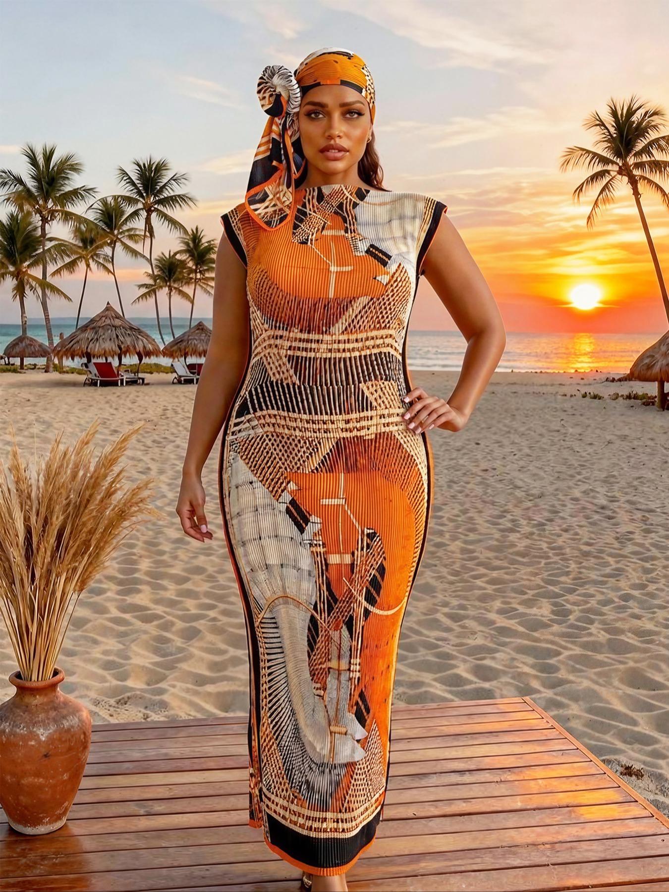 Elegant Pleated Fit and Flare Moo Moo Long Dress with Equestrian Print, Complete Set with Shawl and Long Silk Scarf for Beach Sun Protection, Beach Cover Ups, Swimsuit Cover Up Elegant Pleated Fit and Flare Moo Moo Long Dress with Equestrian Print, Complete Set with Shawl and Long Silk Scarf for Beach Sun Protection, Beach Cover Ups, Swimsuit Cover Up