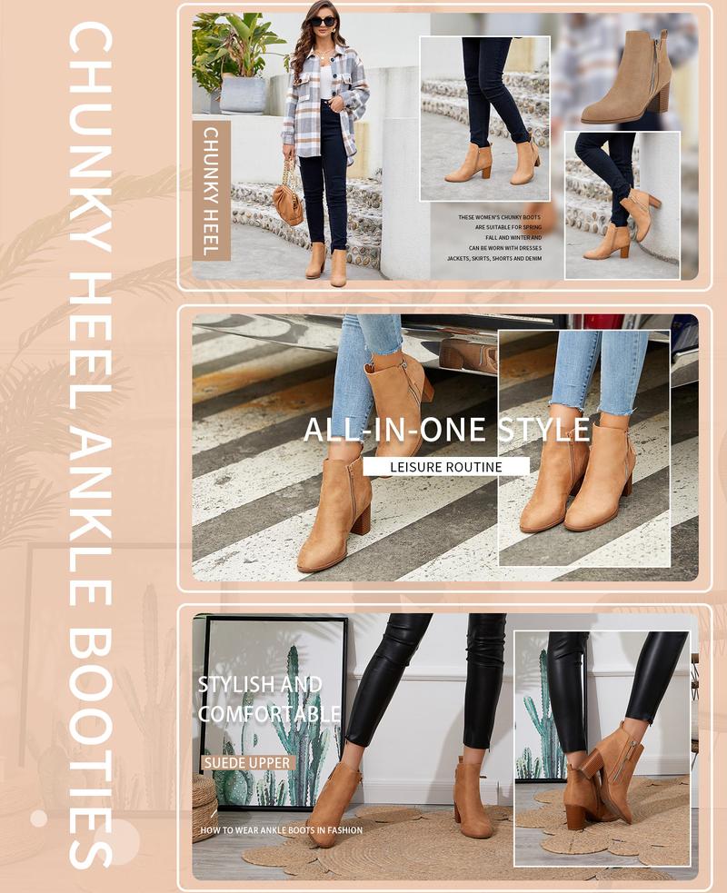 Coutgo Ankle Boots for Women Chunky Block Heel Side Zipper Pointd Toe Suede Fall Winter Bootie Shoes