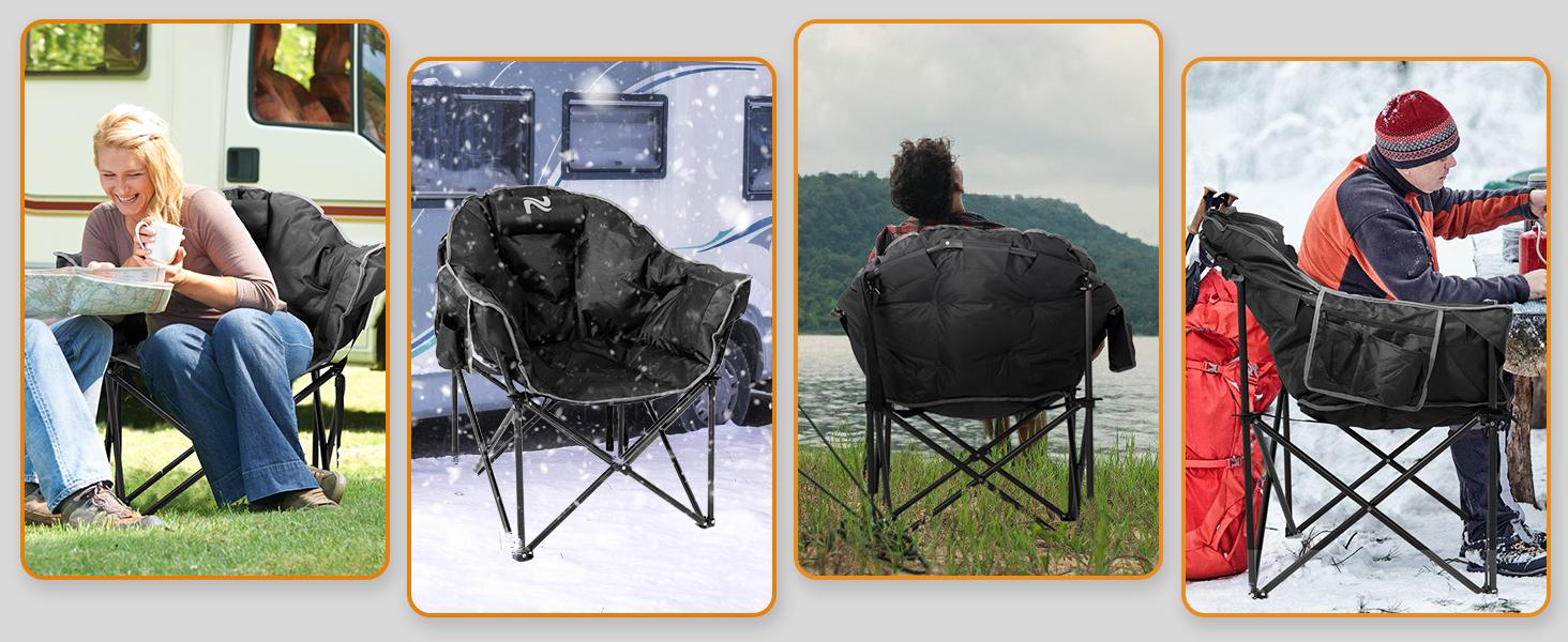 SLSY 2 Pack Oversized Heated Camping Chair with 3 Heat Levels, Portable Folding Heated Chair Round Moon Saucer Folding Lawn Chair for Outdoor Camping Lounge Patio 【Battery not included】