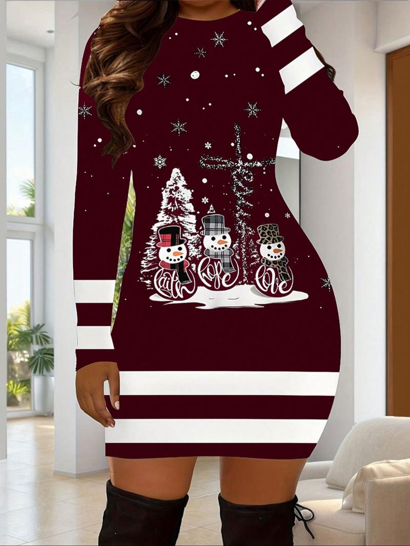 Women's Casual Christmas Print Striped Fitted Dress, Small Snowman Cartoon Print, Long Sleeve, Short Length, Fall Winter Holiday Wear