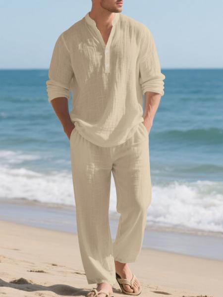 Men's High-Quality Linen Set, Beach Button Shirt & Casual Loose Pants, Spring Summer Wear, Comfortable Breathable Fabric Clothes