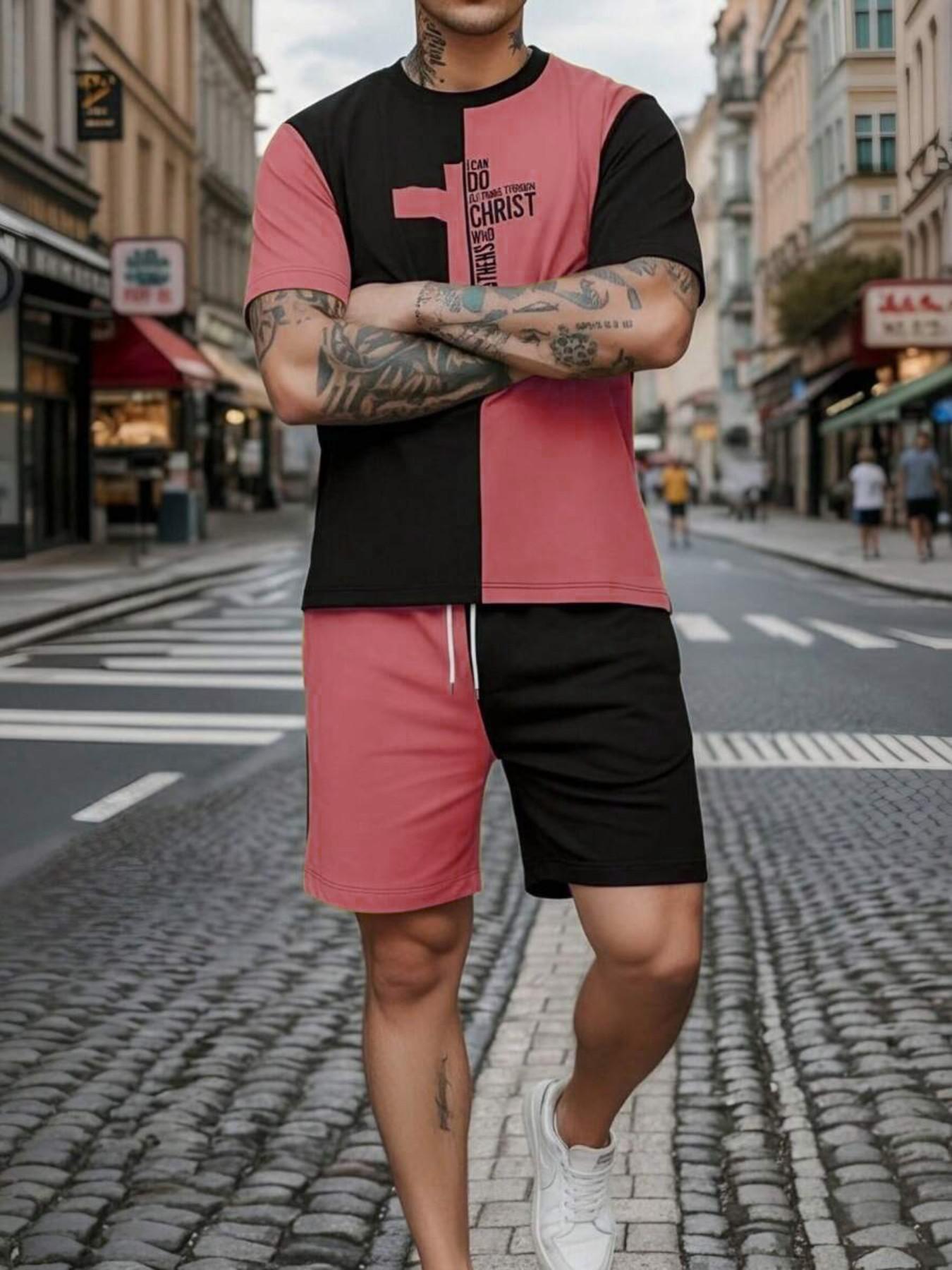 Men's Vintage Religious Style Two-Piece Set, Loose Fit Cross Print Short Sleeve T-Shirt + Gym Shorts, Fashionable for Men