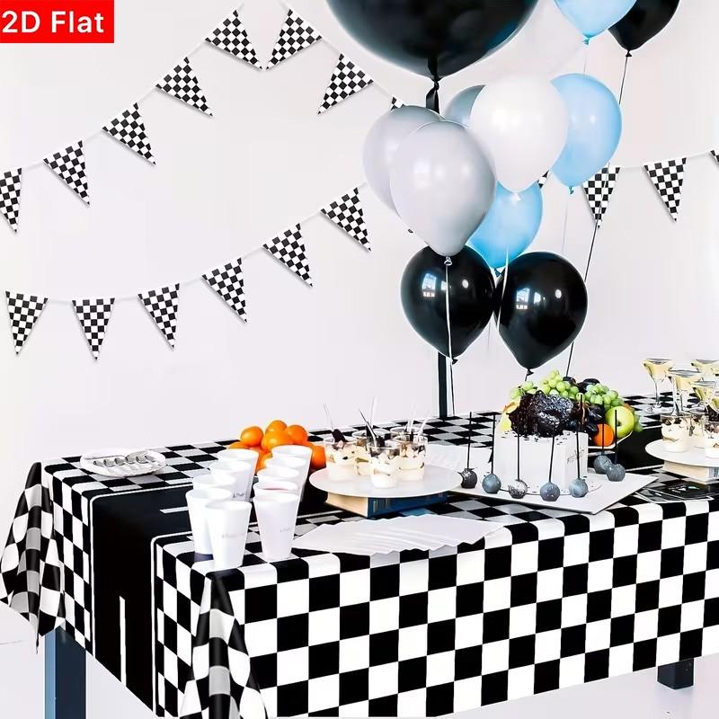 2D Flat Party Tablecloth 1pc, Checkered Racing Theme, Polyester Material, No Power Required, Perfect for Party Decorations
