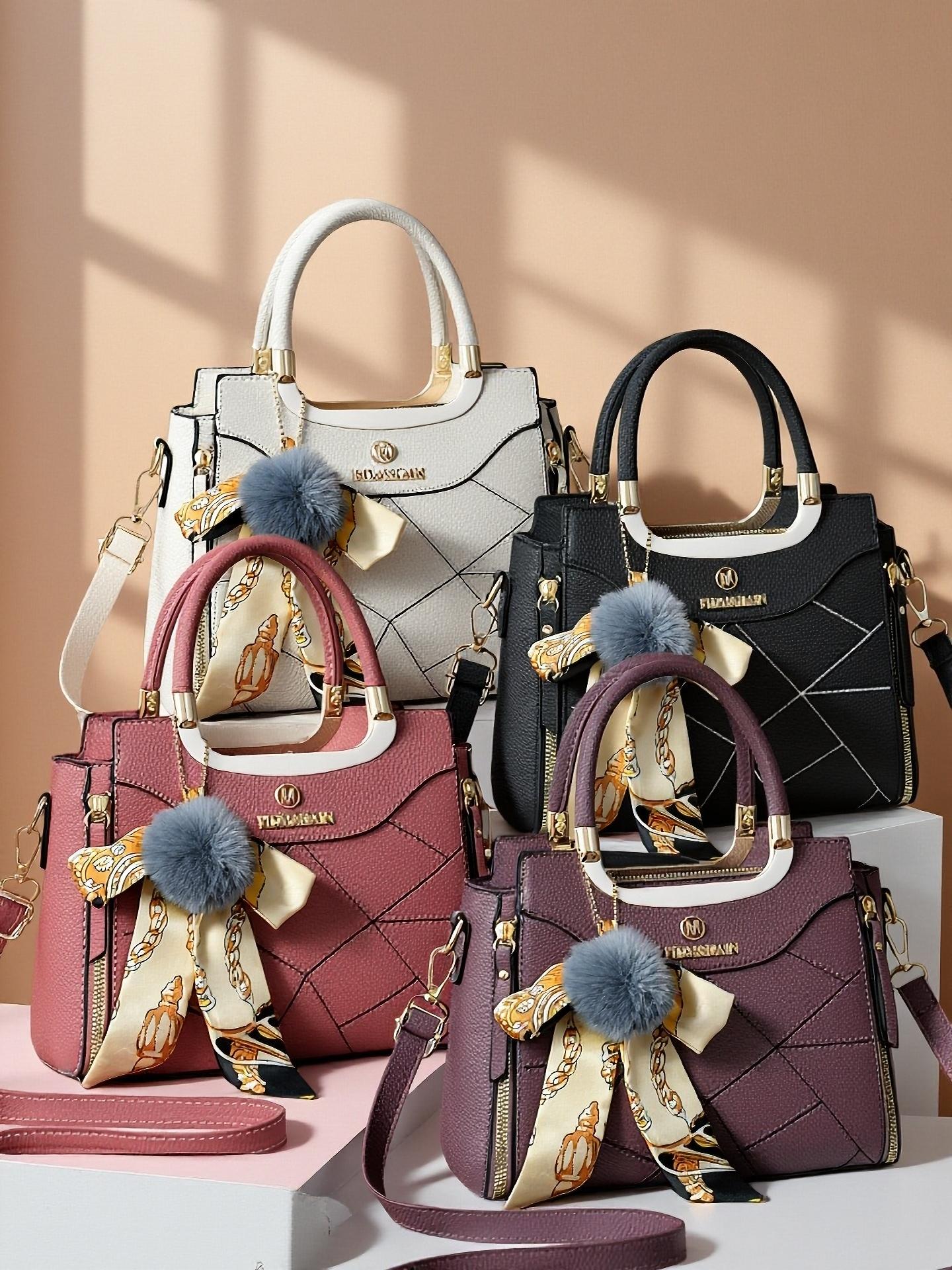 Large Capacity Women's Handbag, Stylish Durable Satchel for Daily Use, Elegant Plush Pendant, Available in Multiple Colors