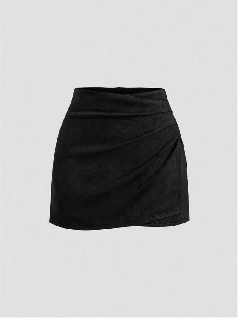 Women's Vintage Fall Winter Faux Suede Merlot Pleated Bodycon Short Skirt Set, Casual Fashion Biker Style