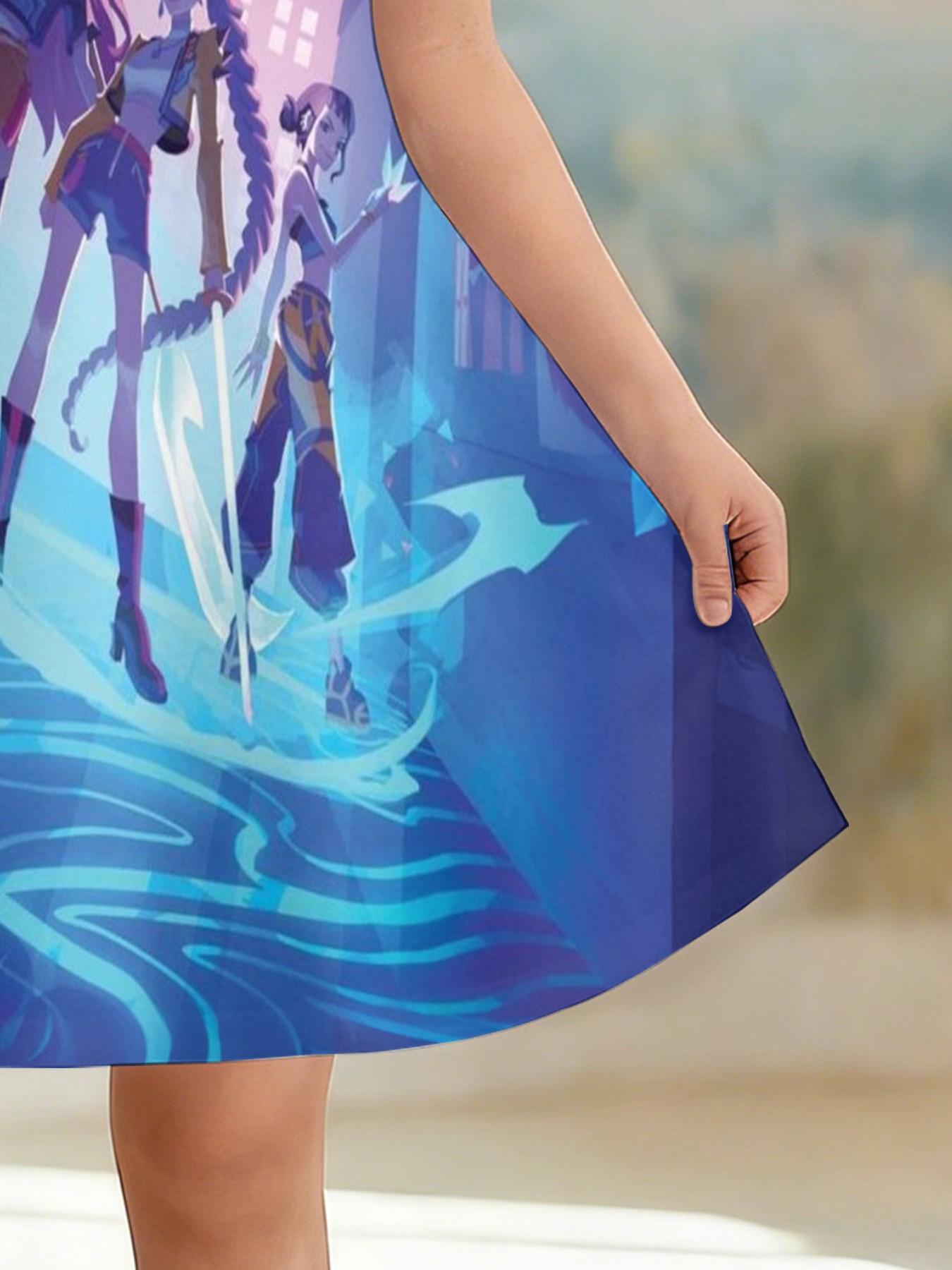 Girls' Fantasy City Battle Dress, Blue Gradient A-Line, Fashion Outdoor Wear, Birthday Gift, Festival Gift