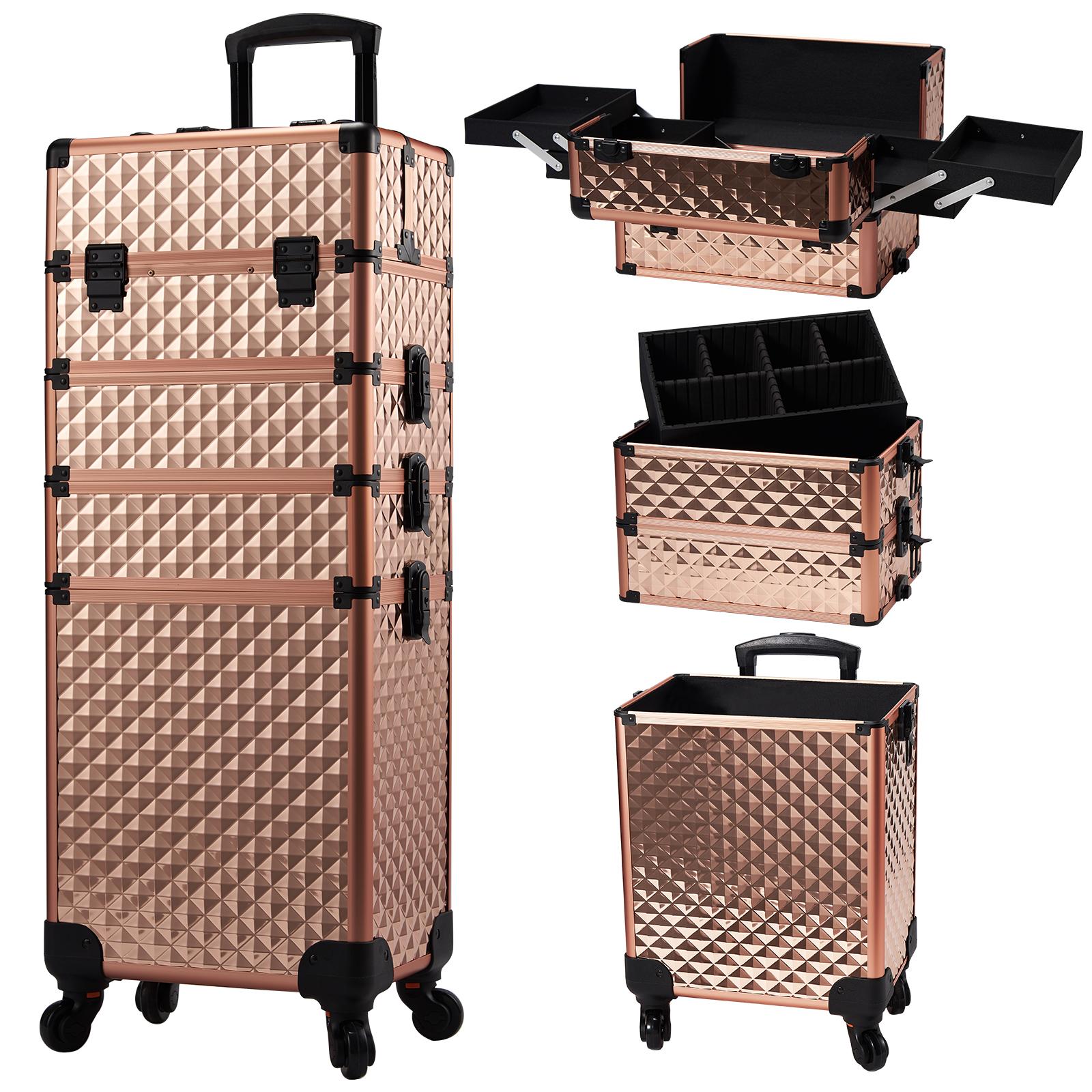 Joligrace 4 in 1 Rolling Makeup Train Case Large Cosmetic Trolley Box with Key Swivel Wheels Salon Barber Case