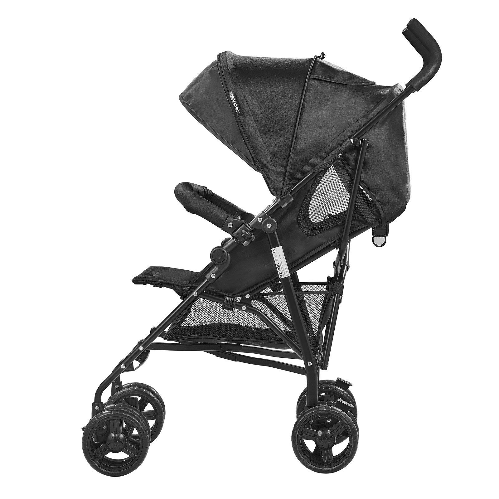 fathersdaygift VEVOR Lightweight Stroller, Compact Easy Fold MultiPosition Recline Canopy Backrest, Carbon Steel Frame, Large Storage Basket, Cup Holder, Umbrella Toddler Baby Stroller for Travel and More, Black