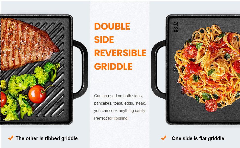GGC Cast Iron Reversible Griddle,-sided Griddle Pan for Indoor and Cooking, 15 x 9 Griddle with Flat and Ribbed Side for Stove Tops, Gas Grills and Camping