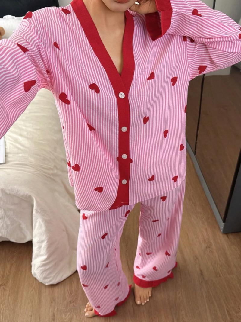 Valentine's Day Elegant Women's Sleepwear Set, Heart Pattern V Neck Short Sleeve Top and Long Pants, Lightweight Polyester Homeewear