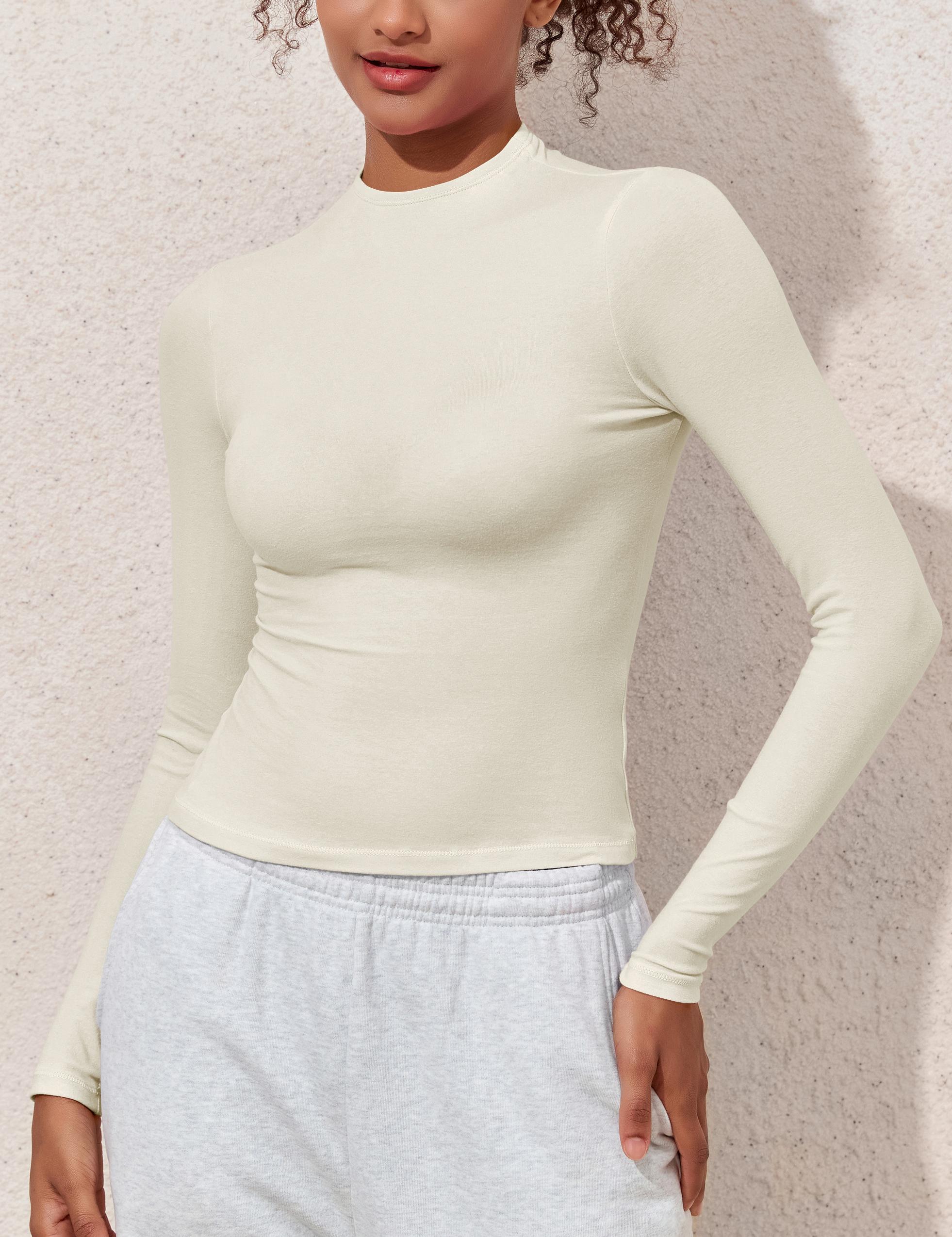 Hilor Women's Long Sleeve T Shirts Basic Cotton Mock Neck Tops Tight Fitted Going Out Crop Tops Y2K Tees Shirts