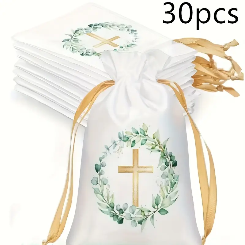 10/30 Religious Baptism and Communion Gift Bags with Drawstring Closure, Gold Wreath and Cross Design, Party Goody Bags, Suitable for Jewelry, Baptism, Communion, Weddings, Birthdays, Baptism Gifts, Party Favors, Gift Package