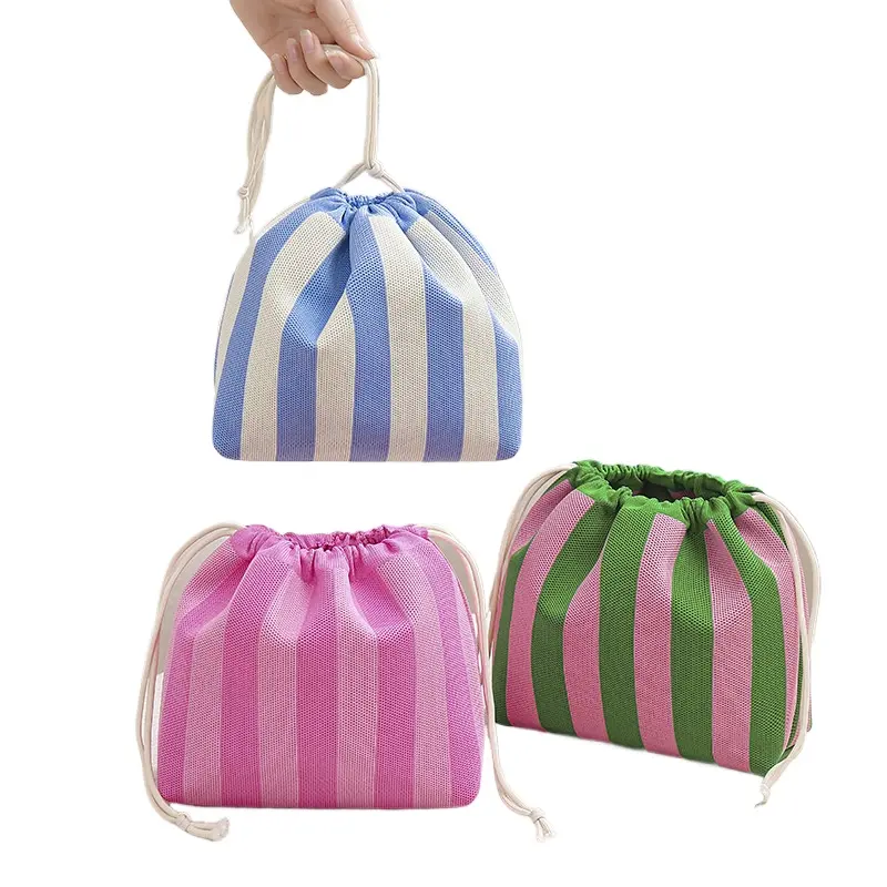 Cozy Color Block Striped Drawstring Makeup Bag Large Capacity Travel Cosmetic Organizer For Toiletries On The Go Woven Fabric Cube Shape Storage Pouch For Women Living Room Bedroom Essentials