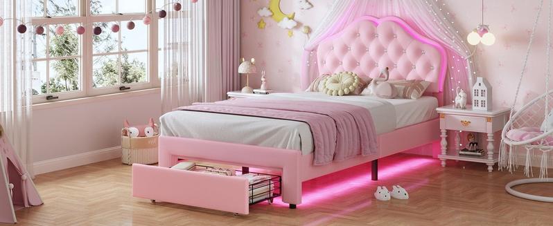 Sikaic Twin Size Velvet Princess Platform LED Bed with Storage Drawers and Adjustable Crystal Button Headboard Pink Comfortable Nursery Design Cute Bedroom