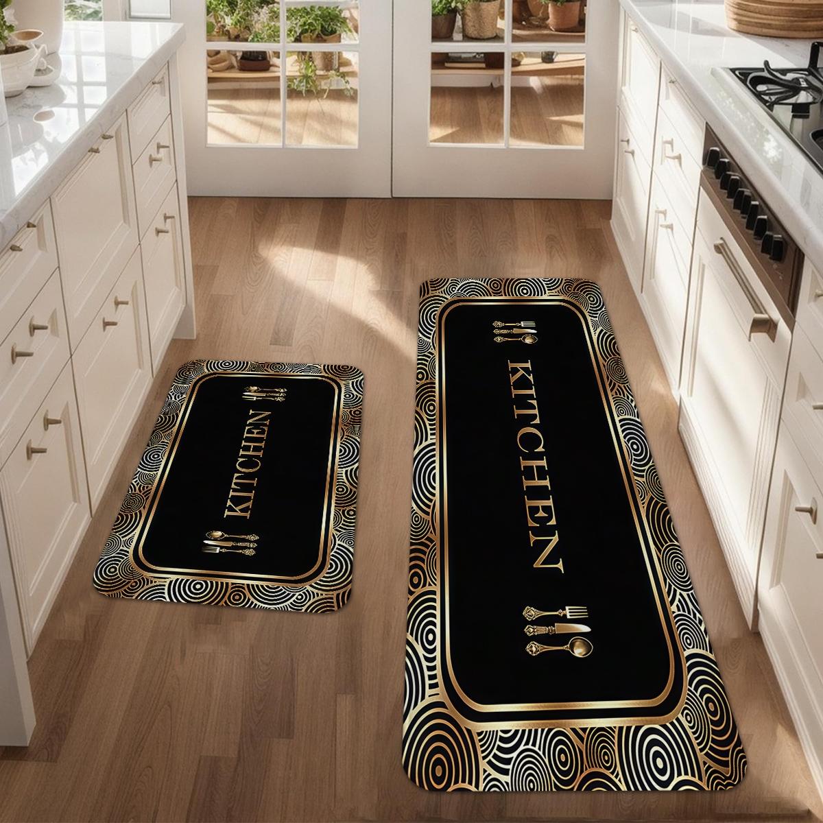 kitchen anti slip carpet floor, black gold geometric texture design printed kitchen floor, soft and comfortable flannel anti slip washable kitchen floor, suitable for kitchen, dining room, room decoration floor, Kitchen Area Rug