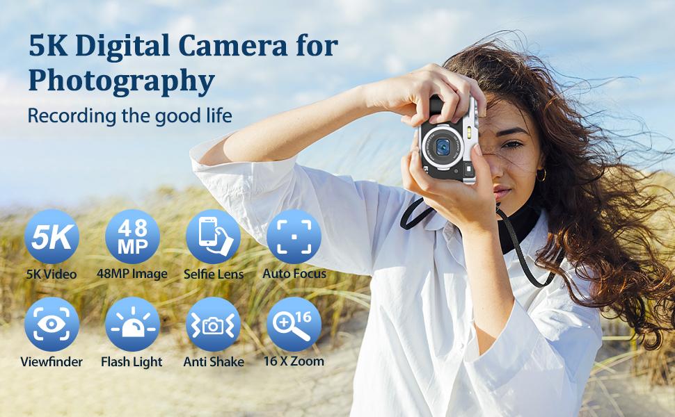 Camkory 5K Dual-Lens Vlogging Camera for TikTok & YouTube – 48MP Selfie & Travel Camera with Anti-Shake, 16X Zoom, Flash, Viewfinder, 32GB Card – Perfect for Content Creators & Travelers!