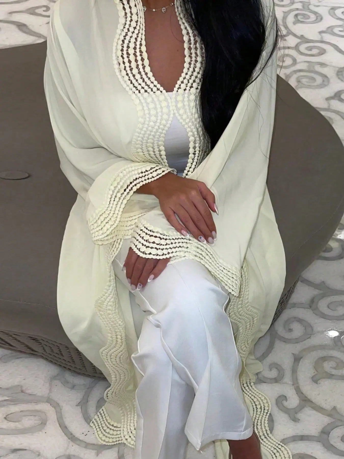 Women's Elegant Crochet Lace Trim Kimono Cardigan, Long Duster Coat, Solid Color Chiffon Abaya Robe, Loose Fit Maxi Outerwear