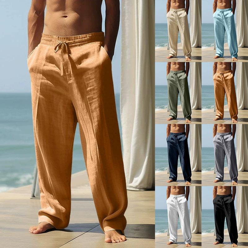 Western-Style Men's Cotton-Linen Casual Trousers - Straight-Leg, Plus-Size, Loose-Fit, Breathable Summer Linen Beach Pants