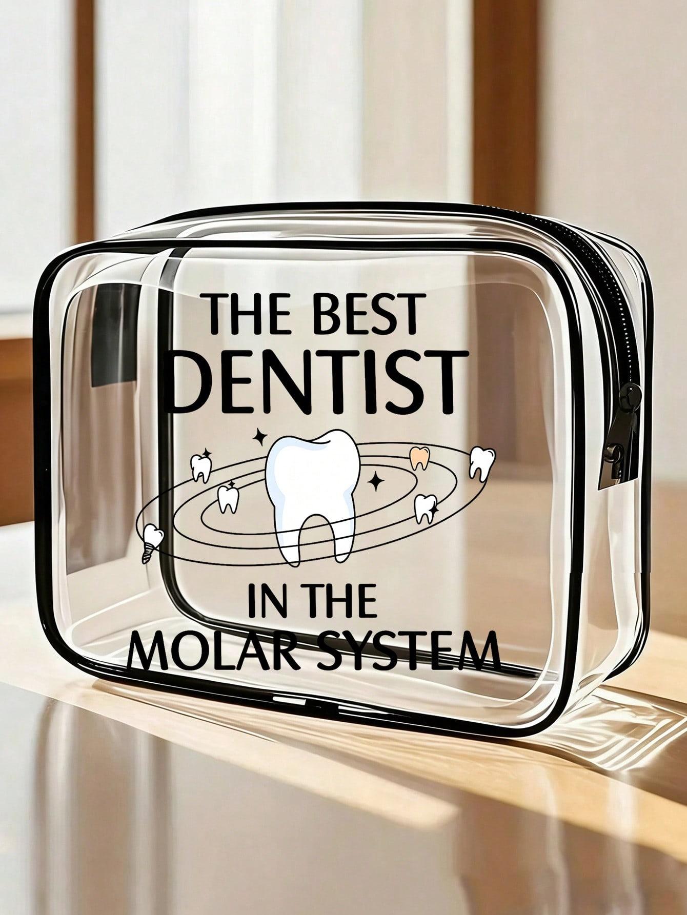 Clear PVC cosmetic bag with fun "Galaxy's Best Dentist" print. Waterproof and portable with zipper. Ideal for dentists, dental students and oral care lovers for work, travel and beach use.