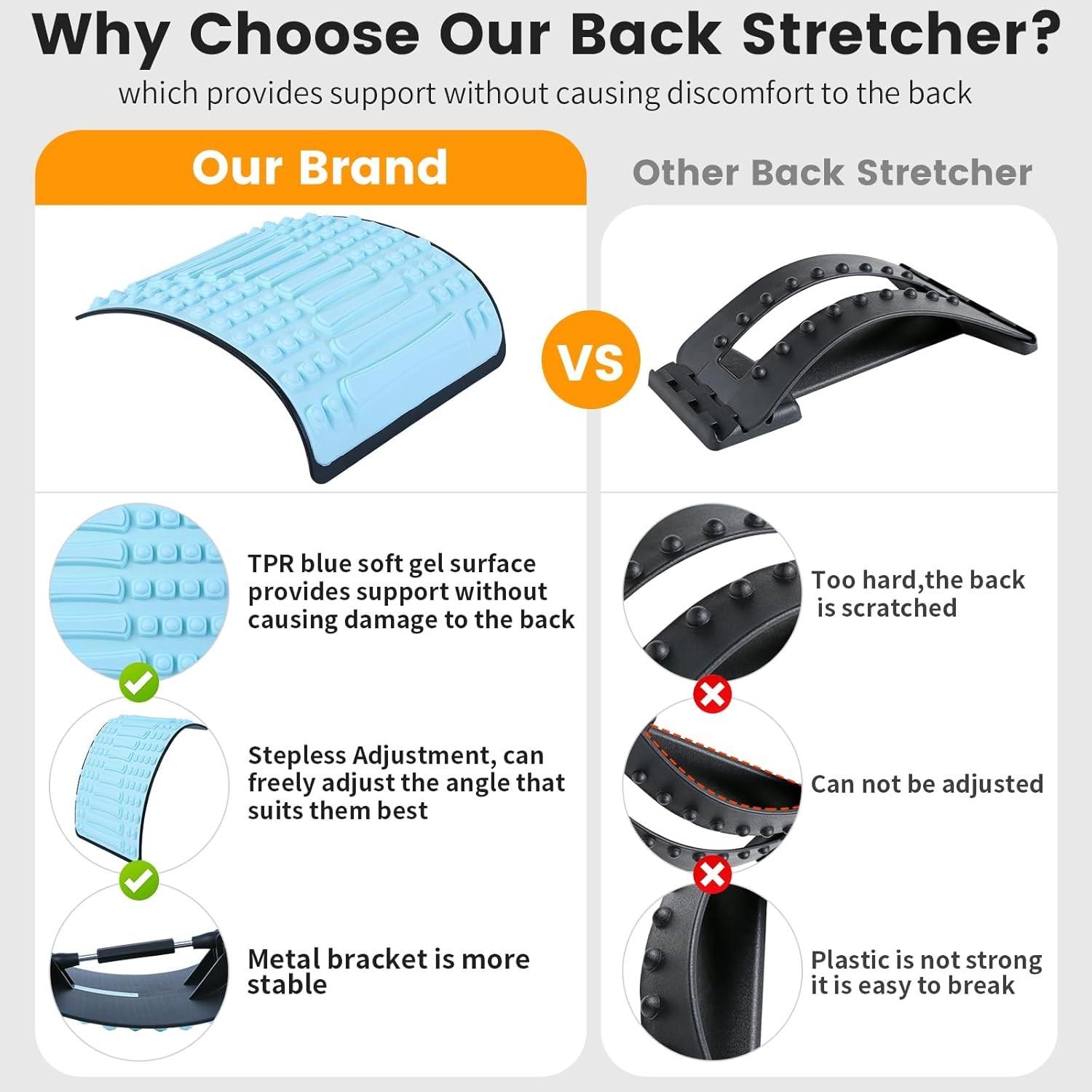 Back Stretching Device for Lower Back Pain Relief, Adjustable Metal Support, Spinal Decompression and Posture Corrector, Back Massage