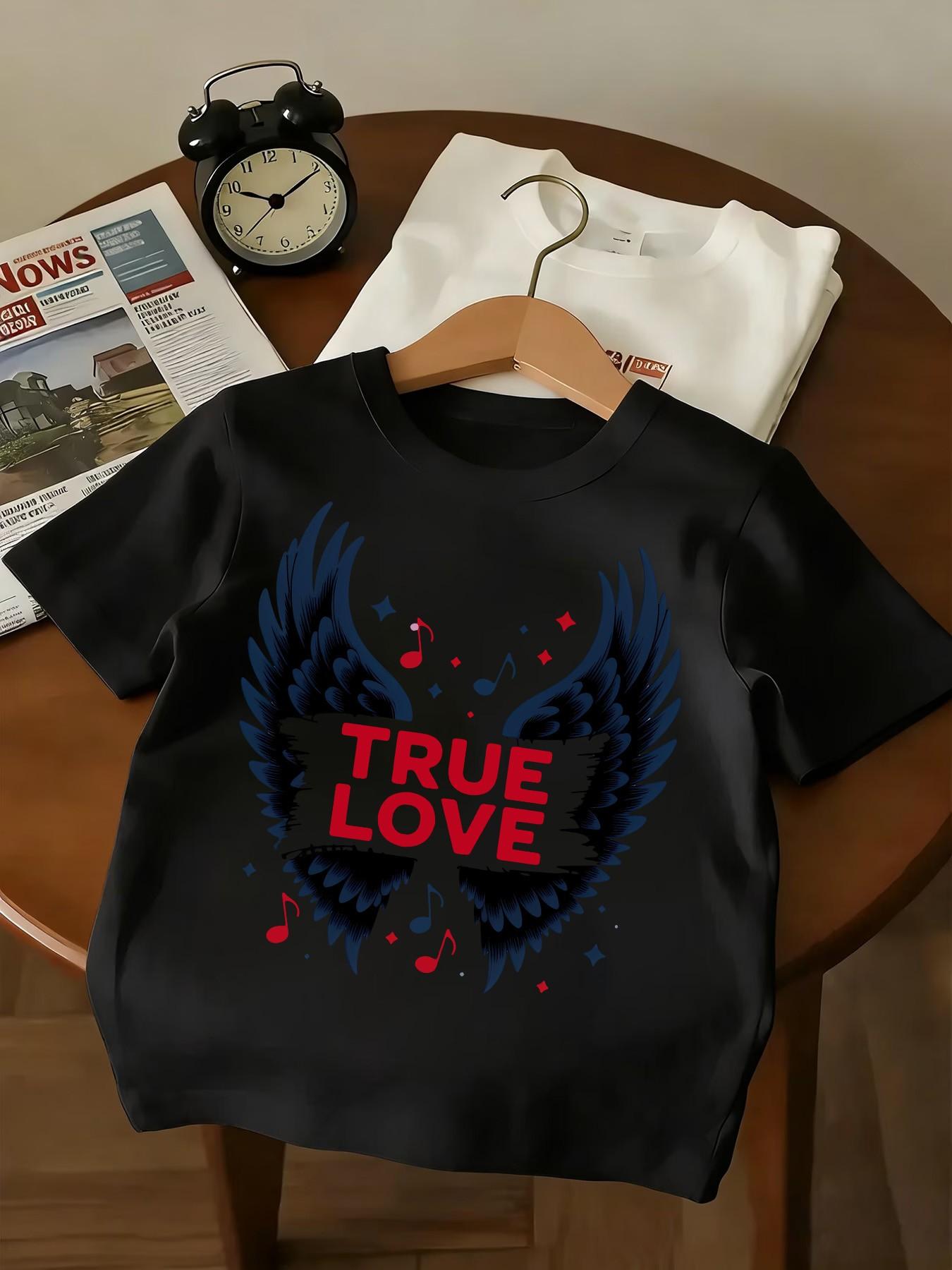Teen Rock Style True Love Short Sleeve Tee, Deep Blue Wings True Love Print, Unisex Casual Slim Fit Round Neck T-Shirt
